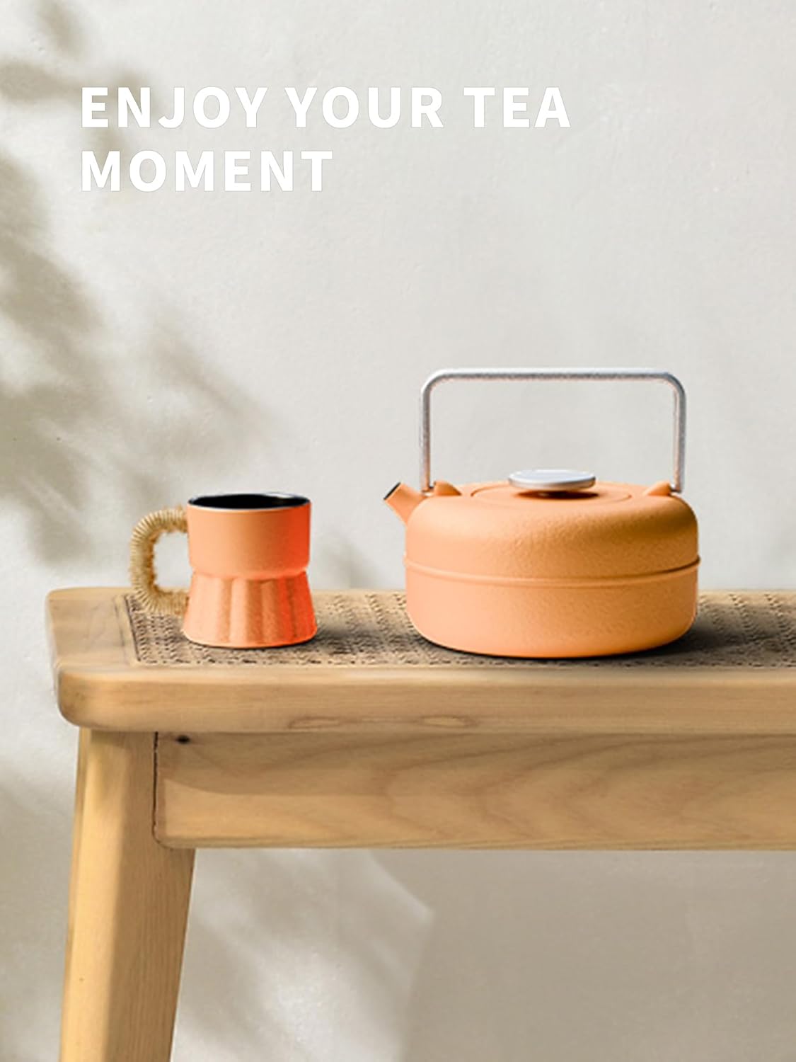 Toptier Teapot with Removable Infuser, Cast Iron Tea Kettle Stovetop Safe, Solid Geometry Cylinder Design Tea Pot Coated with Enameled Interior for 27 Ounce (800 ml), Yellow to Orange