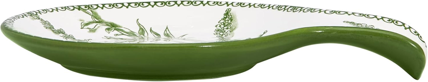 Bico Green Garden Toile De Jouy Spoon Rest for Stove Top, Ceramic Spoon Holder for Kitchen Counter, Easy to Clean Coffee Spoon Rest Dishwasher Safe, Kitchen Cooking Utensil Rest for Ladles Spatula