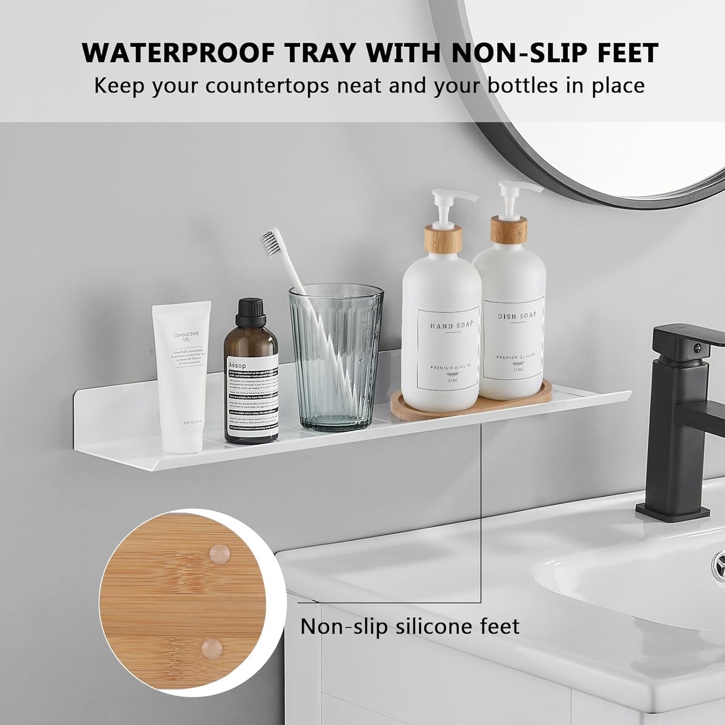 White Glass Soap Dispenser - Hand Dish Soap Dispenser Set for Kitchen, Bathroom with Sturdy Pump and Tray, 14 Waterproof Labels,Refillable Soap Lotion Dispenser-White