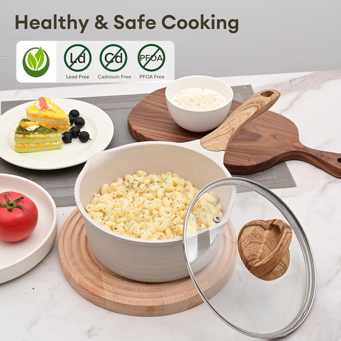 JEETEE 1.5 Quart Saucepan with Lid Nonstick Stone Coating Sauce Pan Milk Pan for Cooking Inudction Pot(Beige)