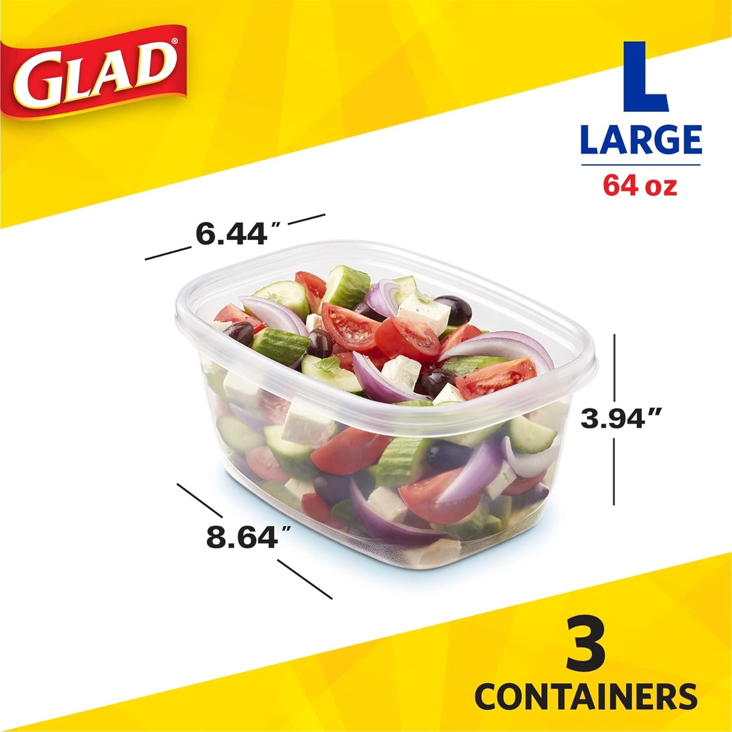 Glad GladWare Deep Dish Food Storage Containers, Large Rectangle - Meal Container Holds up to 64 Ounces of Food - Lock Tight Seal, 3 Count - 6 Pack