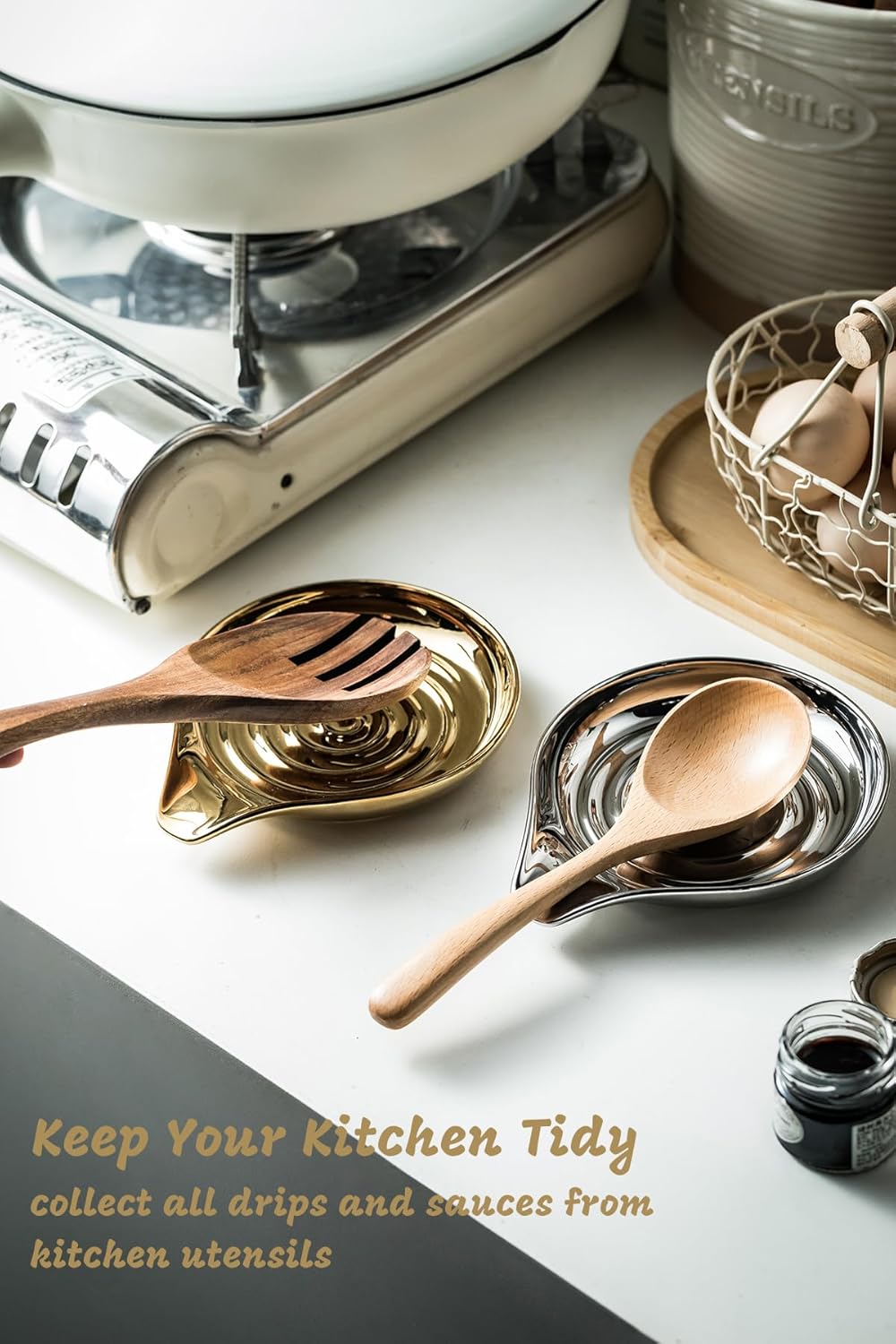 LAUCHUH Spoon Rest for Stove Top, Ceramic Spoon Holder for Kitchen Countertop Large Utensil Rest for Spatula, Spoons or Tong, Ladle, Fork, Christmas, 5 inch, Gold