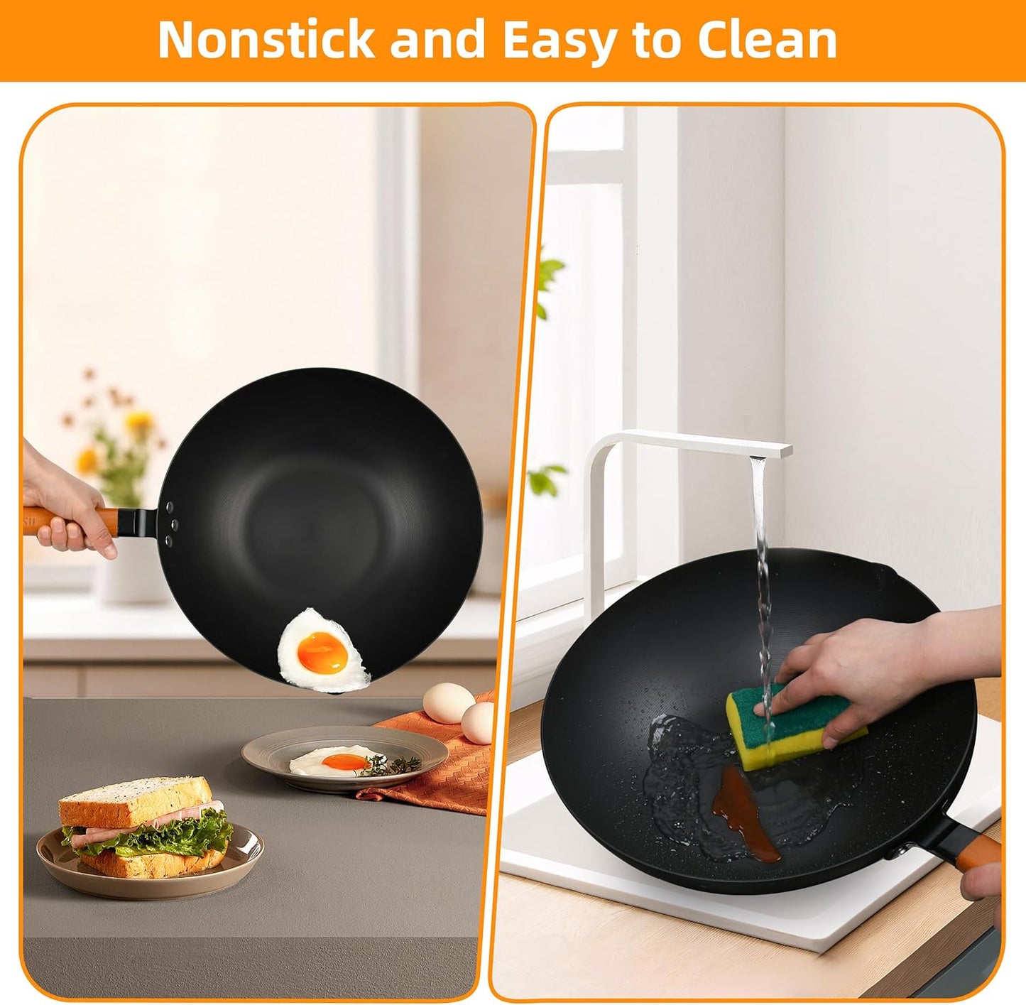 12.5-Inch Carbon Steel Wok with Lid β Pre-Seasoned Flat Bottom Stir-Fry Pan, Nonstick Wok for Induction, Gas, Electric & All Stovetops β Chinese Wok with Glass Lid