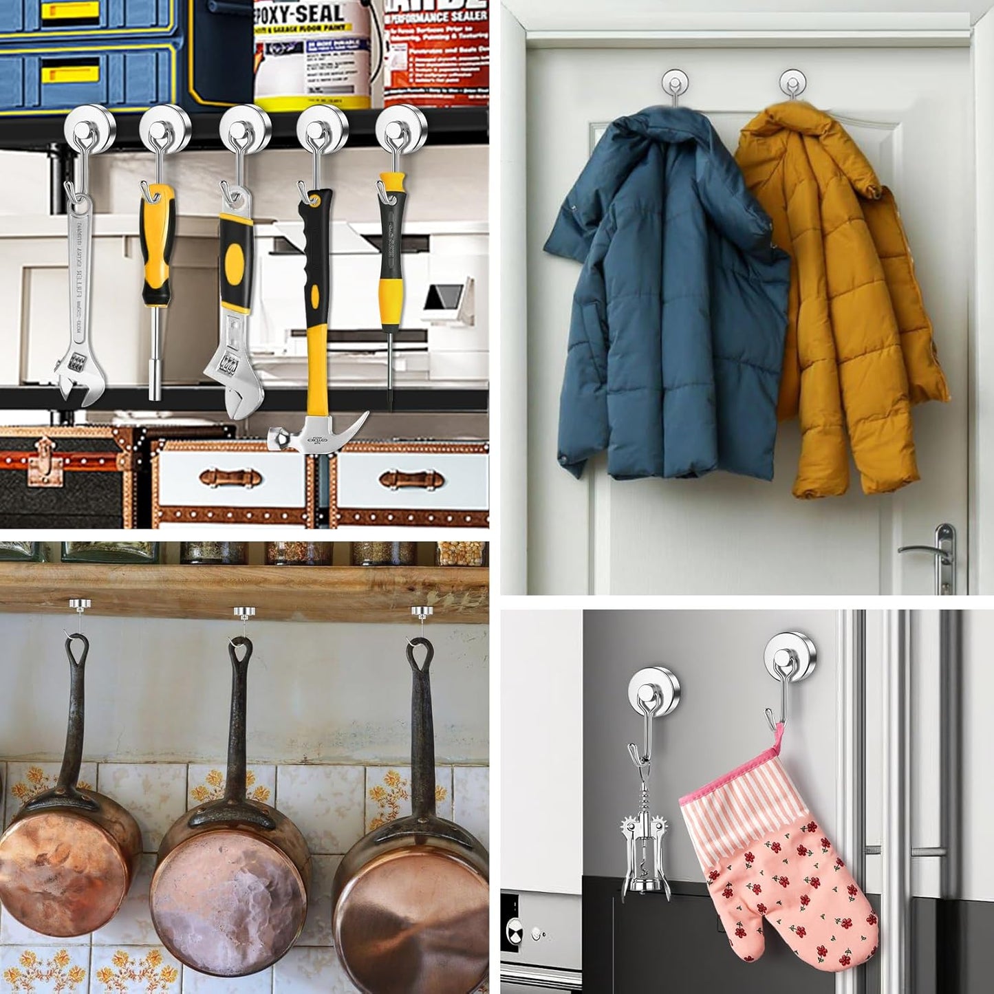 FINDMAG Magnetic Hooks, 60lbs+ Magnetic Hooks for Cruise Ship Essentials, Rare Earth Magnet Hooks Heavy Duty for Hanging, Magnetic Hanger for Garage, Grill, Fridge, Toolroom, Workplace, 6 Pack, Silver