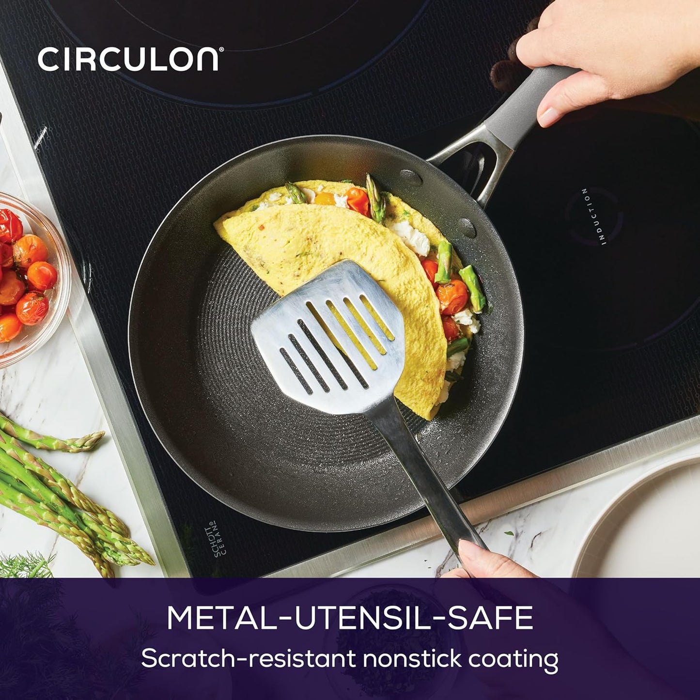 Circulon A1 Series with ScratchDefense Technology Nonstick Induction, Frying Pans/Skillets with Lids, Metal Utensil Safe, Skillet Set w/Lid (8.5", 10" & 12") - Graphite