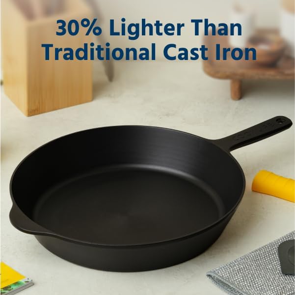 COOKLIFE 12 Inch Lightweight Pre-Seasoned Cast Iron Skillets - Smooth Polished Surface, Easy to Clean Cast Iron Pan Use in the Oven, on the Stove or Grill, Over a Campfire