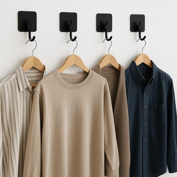 Adhesive Hooks for Hanging - 4 Pack, Towel Hooks Hanging Inside Shower, Rustproof Hooks for Walls No Damage Bathroom, Bedroom, Kitchen, Hotel, Office, Large Adhesive Hook (Black 2)