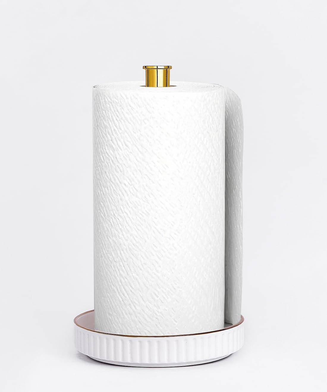 VROOMIUM Gold Paper Towel Holder Countertop, Ceramic Base Easy-to-Clean, 1.5 lbs, 7" B x 12.5" H, Stable Elegant and Durable Kitchen Roll Stand