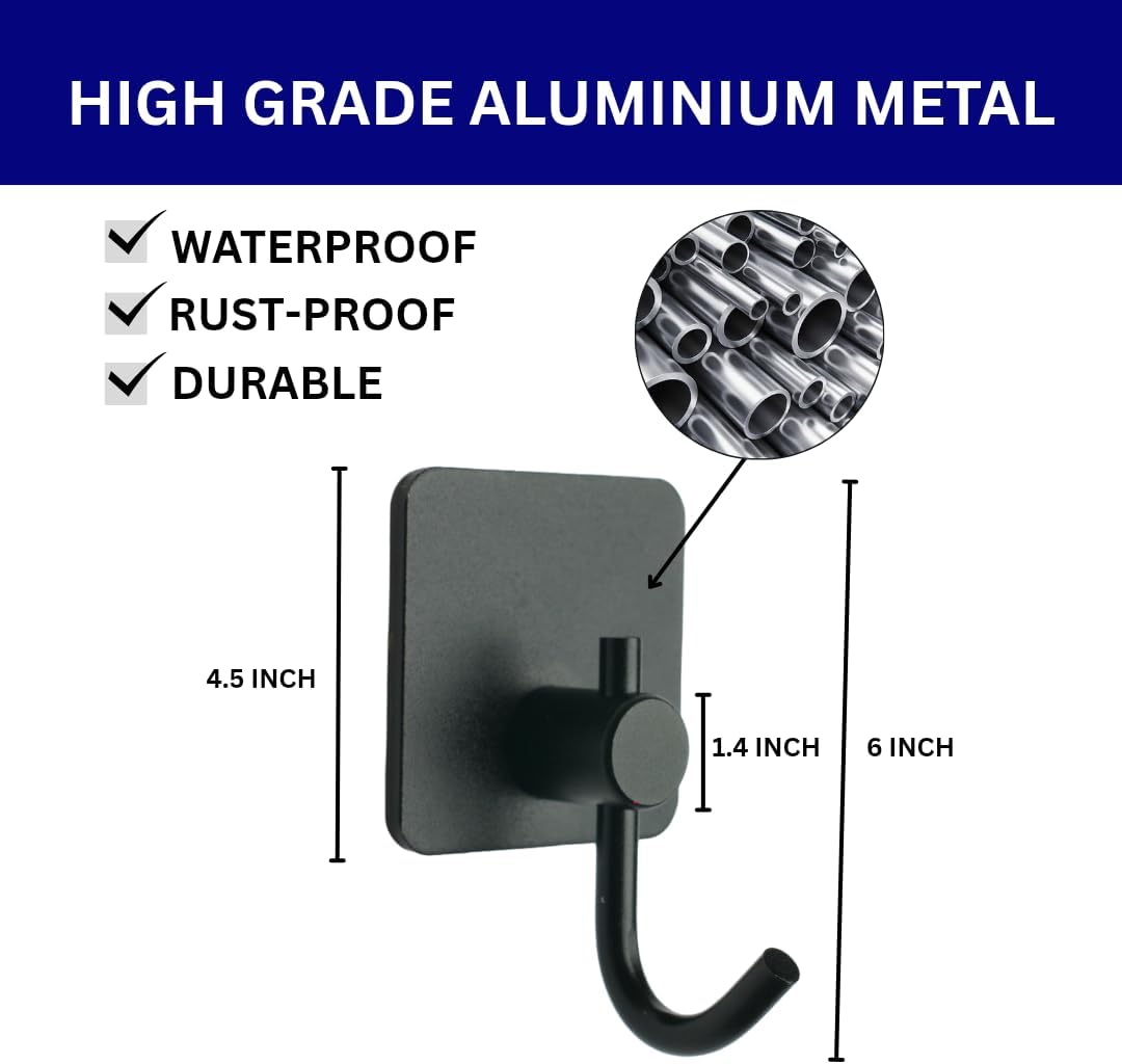 Adhesive Hooks for Hanging - 4 Pack, Towel Hooks Hanging Inside Shower, Rustproof Hooks for Walls No Damage Bathroom, Bedroom, Kitchen, Hotel, Office, Large Adhesive Hook (Black 2)