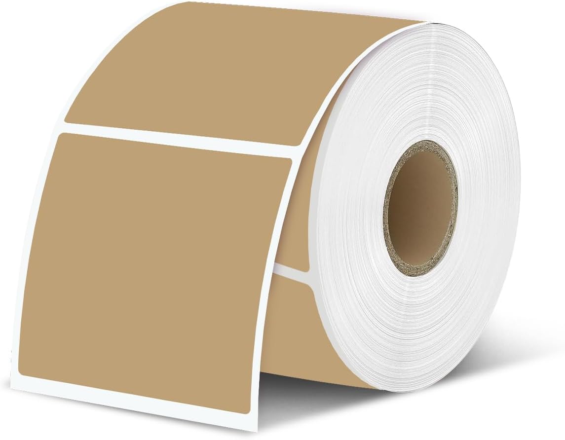 iEager Brown Square Thermal Label Stickers, 2"x2" Self-Adhesive Square Direct Thermal Labels with Perforation Line, 500 Sheets/Roll