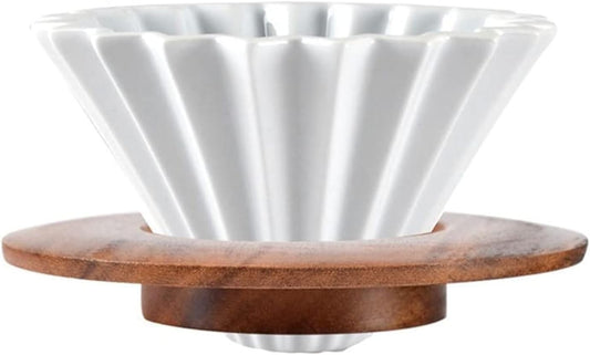 Ceramic Coffee Dripper Pour Over Coffee Maker with Wood Stand Elegant Flower Shape V60 Filter (white)