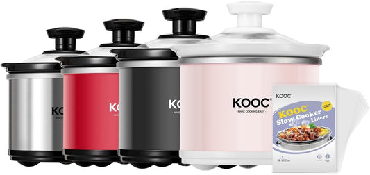 KOOC Small Slow Cooker, 0.65 Quart, Free Liners Included, Upgraded Ceramic Pot, Nutrient Loss Reduction, Sauces, Stews & Dips, Stainless Steel, Pink, Round