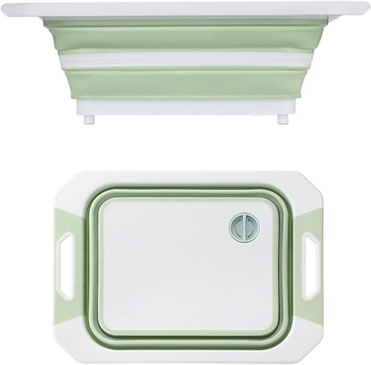 Camping Collapsible Cutting Board Dish Basin BBQ Prep Tub Camp Sink Dish Washing Station Multifunctional Storage Basket(Green white)