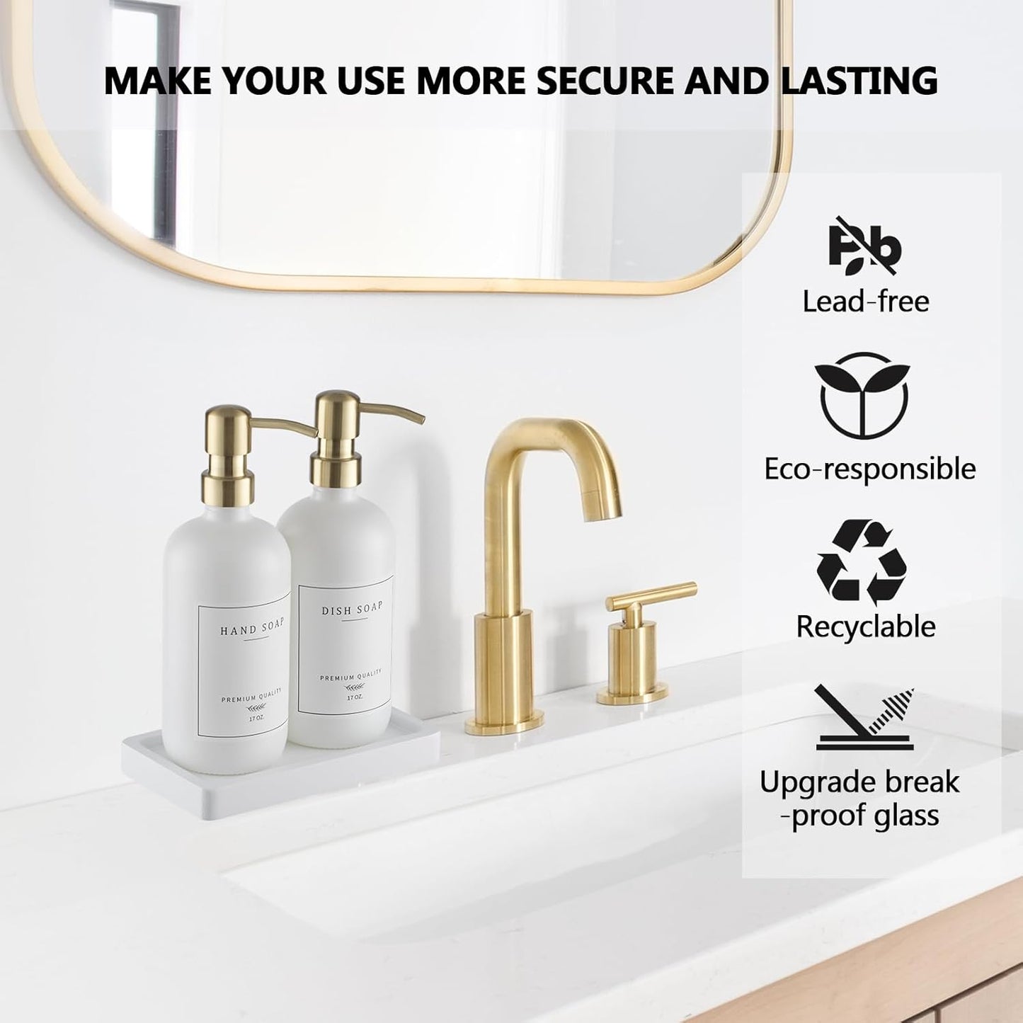 Thick Glass Soap Dispenser - Kitchen Dish Hand Soap Dispenser Set,Rustproof Pump Soap Lotion Dispenser Bathroom with Tray,14 Stickers for Kitchen Decor White Bottle/Gold Pump