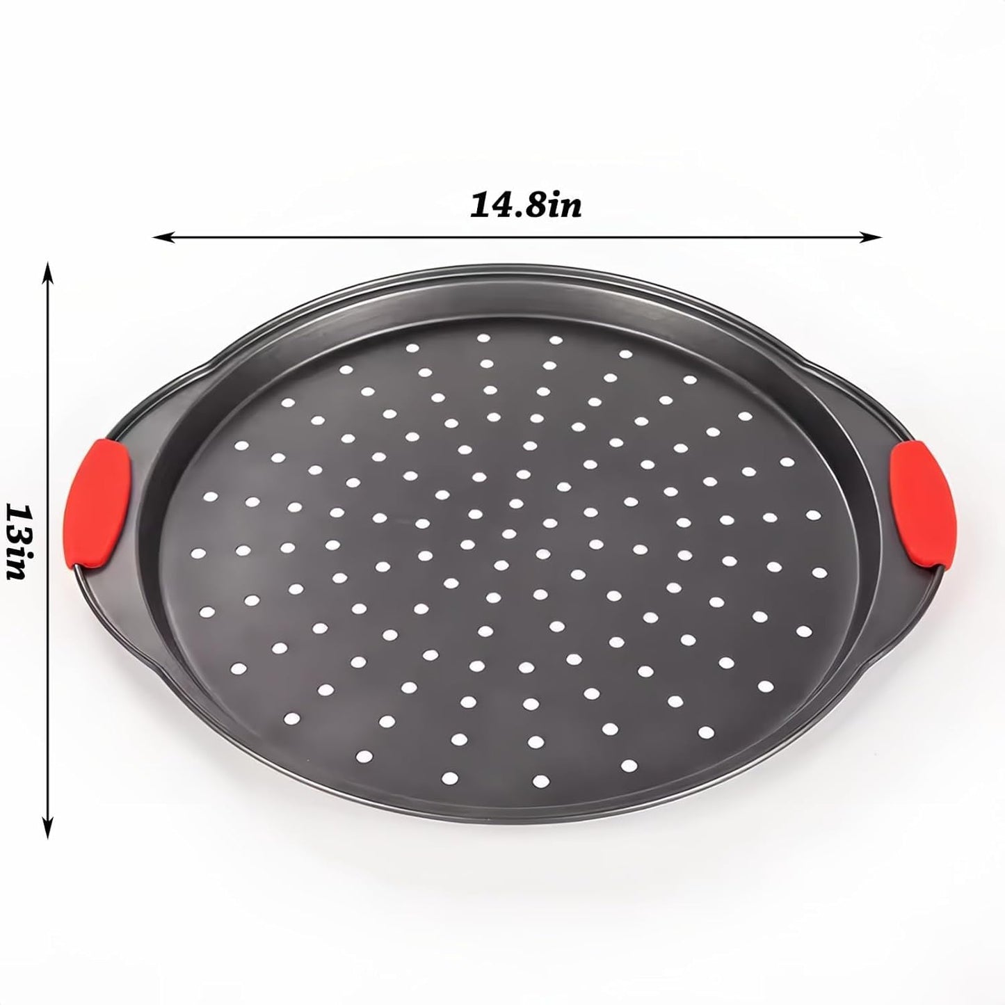 13 Inch Pizza Pan for Oven (2 Pack) Round Pizza Pan with Holes - Non-Stick Carbon Steel Pizza Tray with Silicone Handles - for Cooking, Baking, and Grilling - Dishwasher Safe