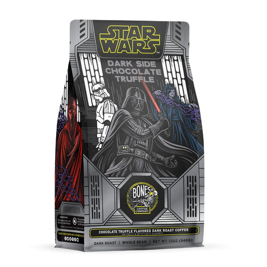 Bones Coffee Company Star Wars Dark Side Chocolate Truffle Flavored Coffee, Medium Roast Low Acid Arabica Beans Compatible with Auto drip and French Press Coffee Maker, 12 Oz Whole Bean