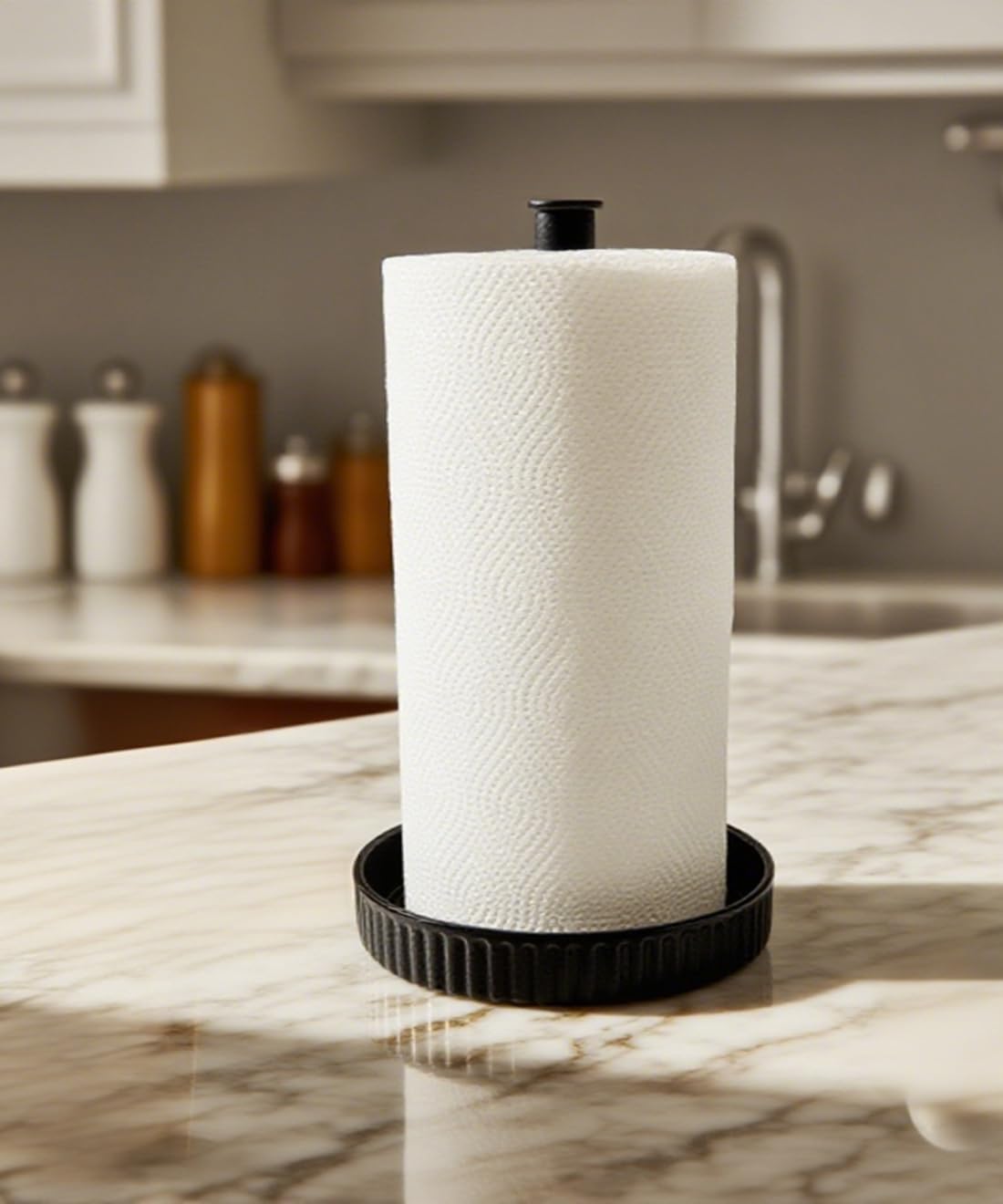 VROOMIUM Paper Towel Holder Countertop, Ceramic Base Easy-to-Clean, 1.5 lbs, 7" B x 12.5" H, Stable Elegant and Durable Kitchen Roll Stand, Classic Black