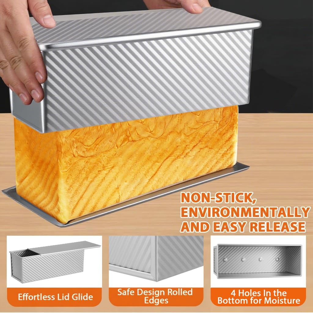 Non-Stick Pullman Loaf Pan with Lid 13x4 Inch - 2.2lb Carbon Steel Bread Baking Pan with 4 Vent Holes, Heavy Duty Sourdough Loaf Pan with Cover for Homemade Sandwich Bread (Silver)