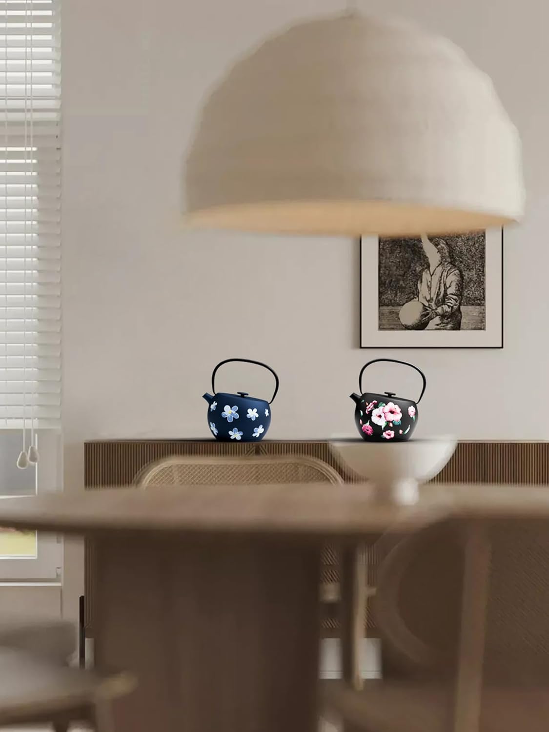 Toptier Teapot with Removable Infuser, Cast Iron Tea Kettle Stovetop Safe, Solid Geometry Ball Design Tea Pot Coated with Enameled Interior for 32 Ounce (950 ml), Navy Flower