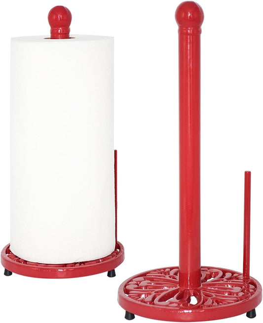 JOGREFUL Paper Towel Holder Stand, Cast Iron Kitchen Paper Towel Countertop Vintage Stand with Weighted-Base, Bathroom Organization for Family Standard Large Size Roll Paper, Mistletoe Base, Red