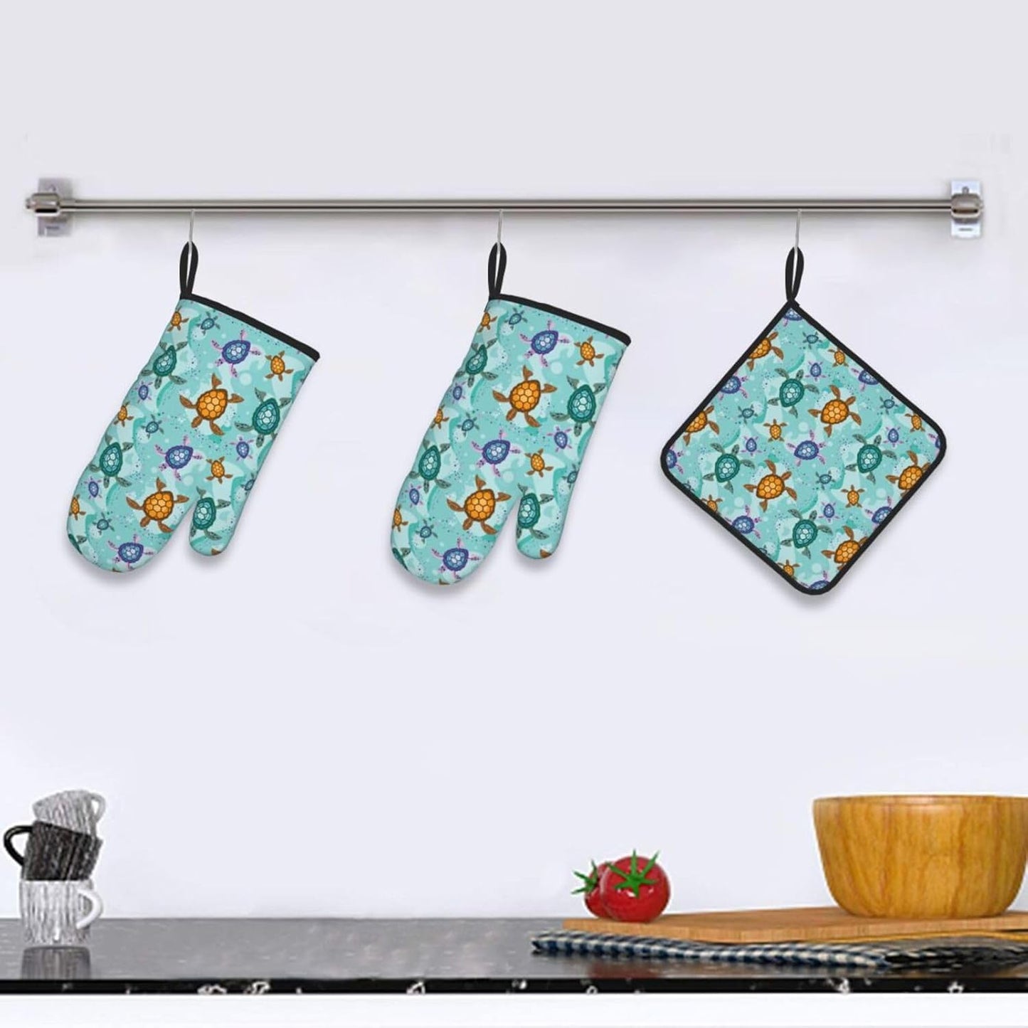 Cute Sea Turtle Beach Oven Mitts and Pot Holders Set Ocean Themed Decorative Heat Resistant Microwave Oven Gloves for BBQ Baking Grilling Cooks Kitchen Decor 3 Piece