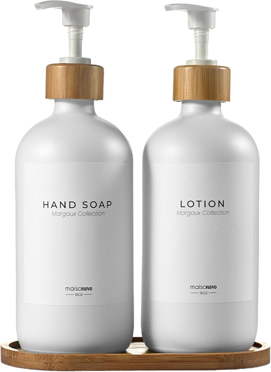 MaisoNovo Glass Soap Dispenser Bathroom Set | Hand Soap and Dish Soap Dispenser Set | 16.9oz White Bottles with White Bamboo Pump | Bathroom Lotion Dispenser with Pump Set of 2