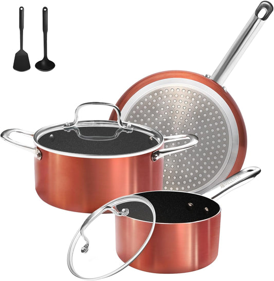 Pots and Pans Set Non Stick, 7 Piece Ceramic Cookware Set, Non Toxic Kitchen Induction Cookware Sets, Pots and Pans Cooking Set with Oven Safe Handle, 100% PFOA Free, Copper
