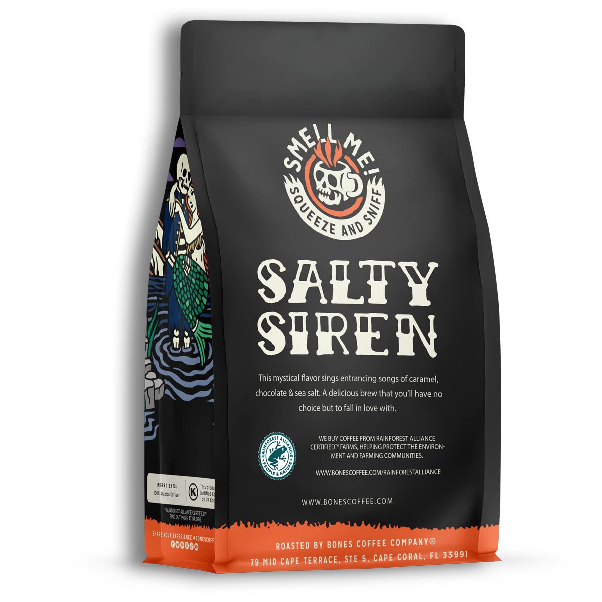 Bones Coffee Company Salty Siren, Sea Saled Caramel Chocolate Flavored Coffee, Medium Roast Low Acid Arabica Beans Compatible with Auto drip and French Press Coffee Maker, 12 Oz Whole Bean