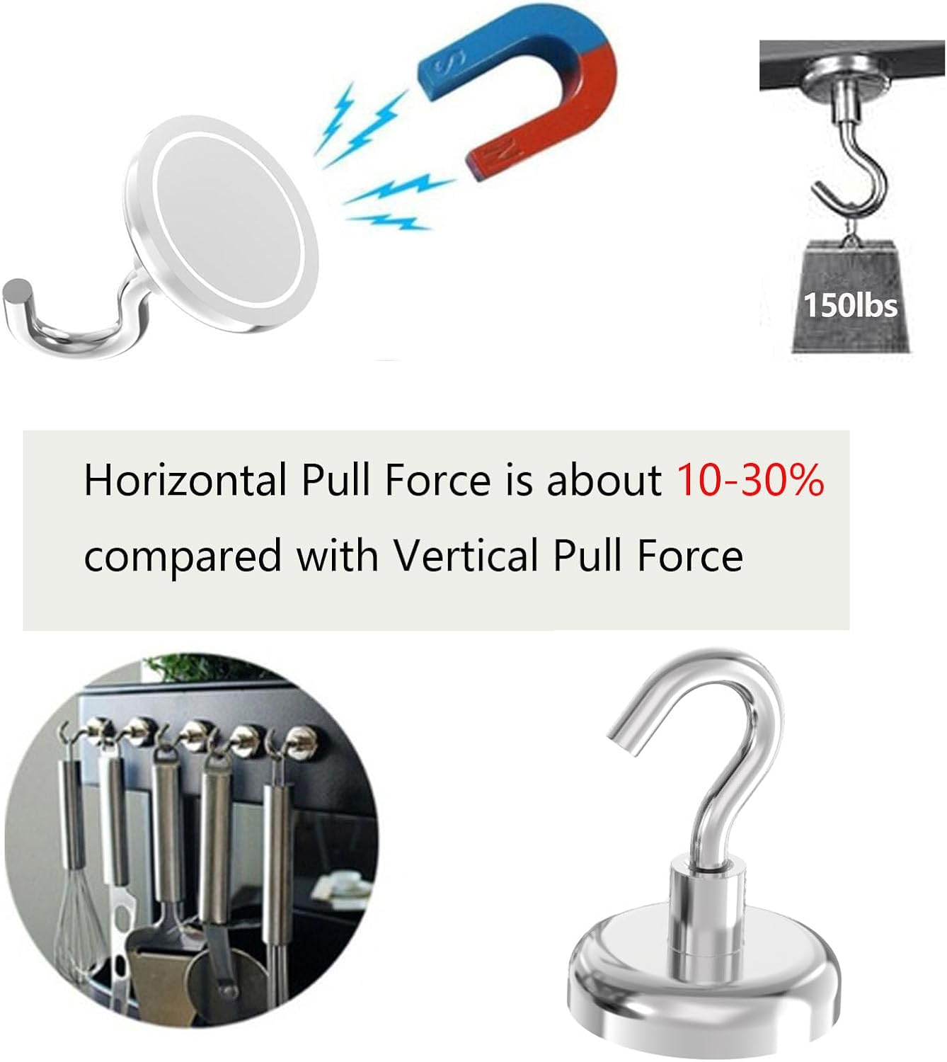 150lb Heavy Duty Magnetic Hooks with 1.42" Dia Magnetic Base - 6Pack, Neodymium Magnets with Hook for Kitchen, Workplace, Super Strong Cruise Magnet Hook for Hanging, Magnetic Hanger