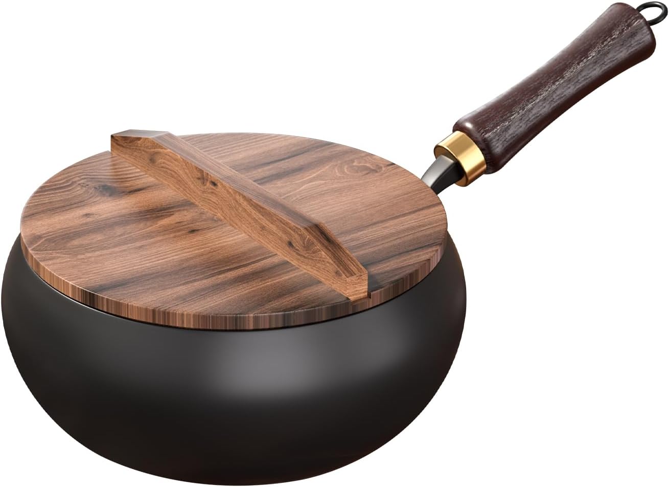Carbon Steel Wok Pan, nitrided woks Uncoated Heats Evenly Multi-Purpose Frying Pan, Suitable for Any Stove, Oven or Even Camping Campfire with Lid and Wooden Handle