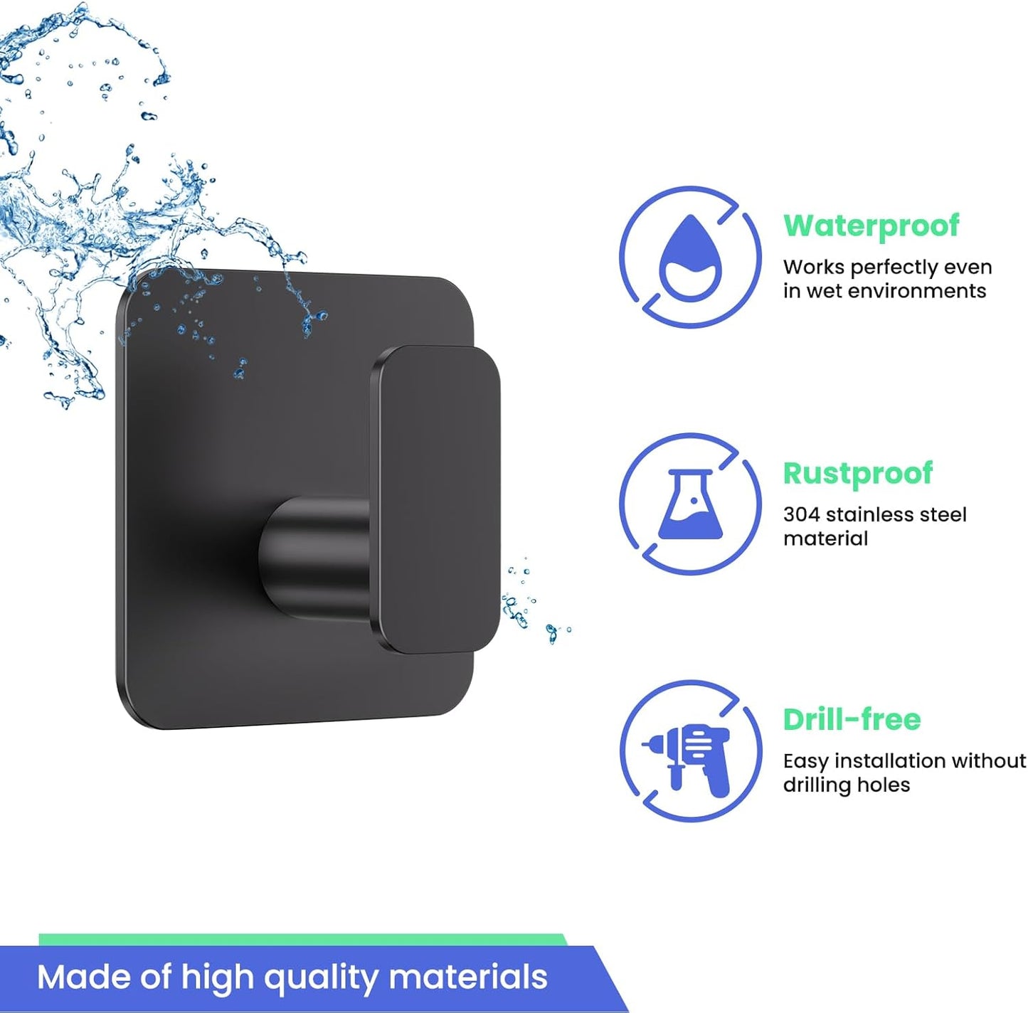 Black Hooks for Hanging Heavy Duty, Adhesive Hooks for Shower, Bathroom, Kitchen, Robe, Towel, Coat, Waterproof & Rustproof Hook for Walls No Damage, Stainless Steel Sticky Hook - 4 Pack