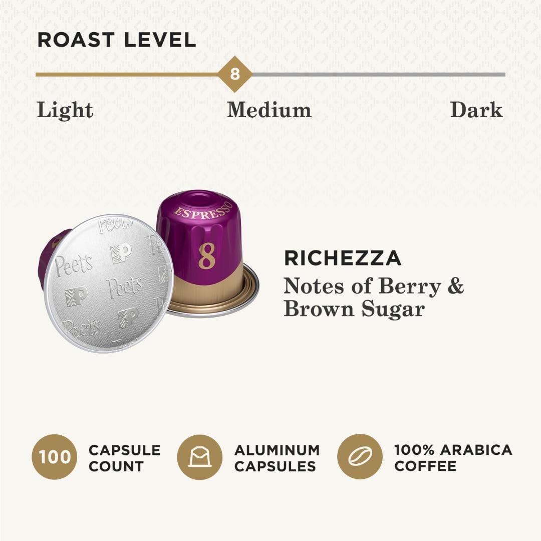 Peet's Coffee, Medium Roast Espresso Capsules, Compatible with Nespresso Original Machine - Ricchezza Intensity 8, 100 Count (10 Boxes of 10 Espresso Capsules)