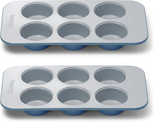 Caraway Nonstick Ceramic 6 Cup Muffin Pan Duo – Non-Toxic, PTFE & PFOA Free – Oven Safe – Aluminized Steel Core – Small Muffin Pan for Baking Cupcakes, Muffins & More - Slate