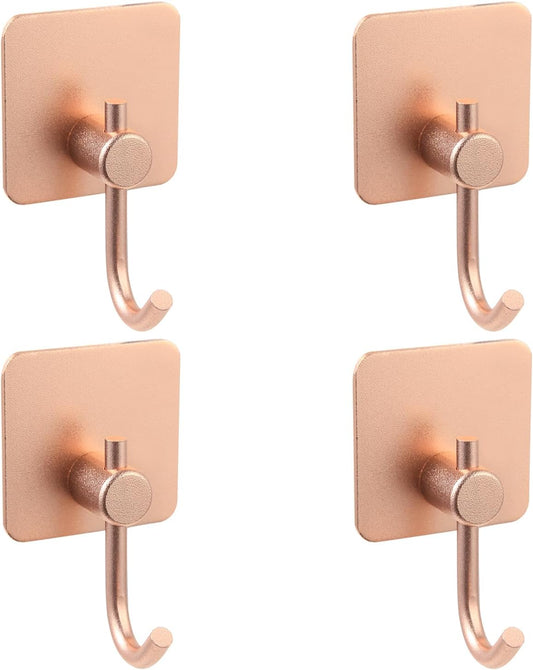 Aluminum Wall Hooks, No Drill Damage-Free Adhesive Hook, Product for Hanging Heavy Duty for Bathroom Kitchen Home (Curved Square Rose Gold Hook, 4)