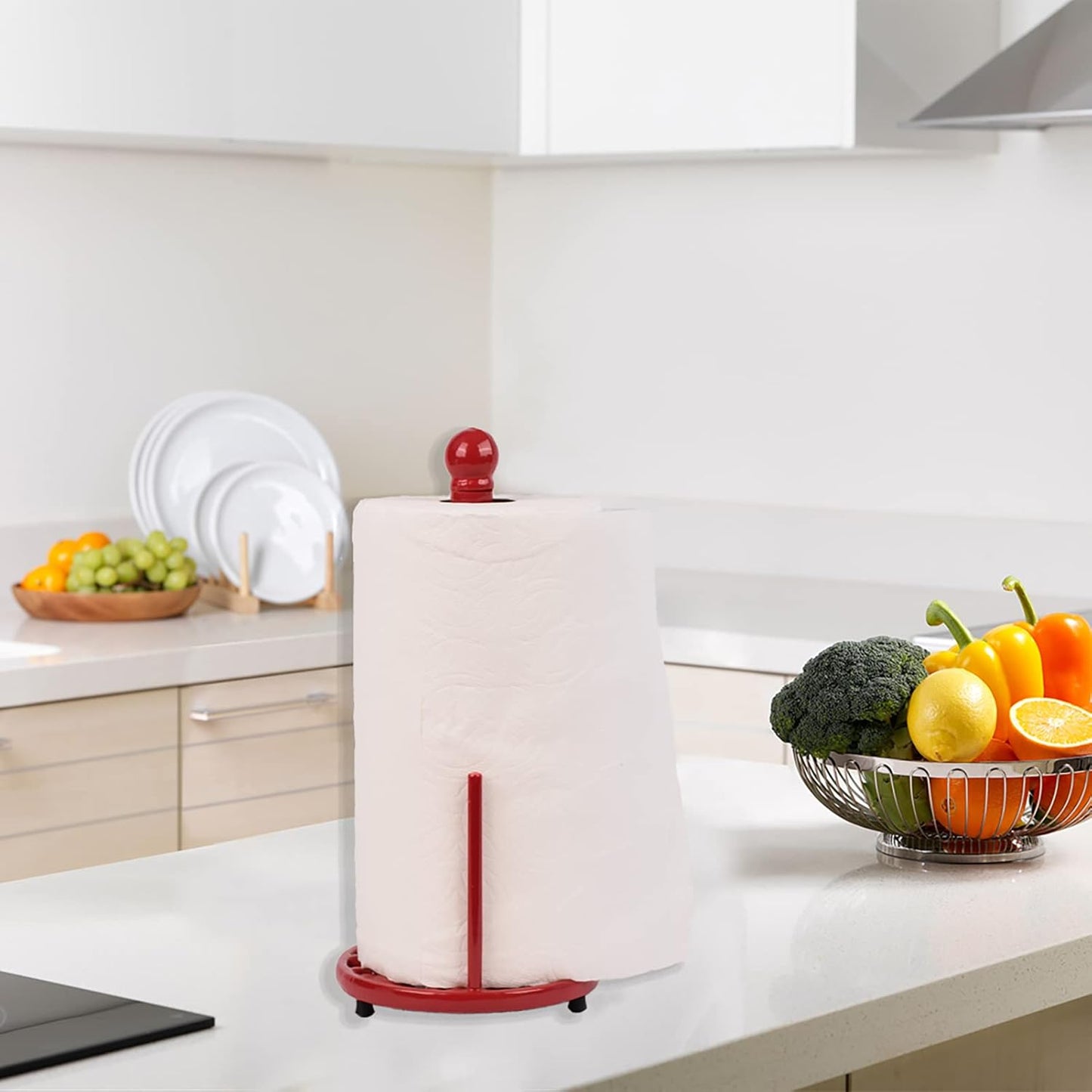 Vintage Paper Towel Stand - Cast Iron Kitchen Countertop Decor, Easy Tear Roll Towel Holder, Red