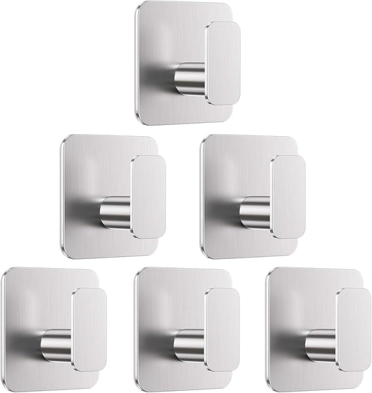 Silver Hooks for Hanging Heavy Duty, Adhesive Hooks for Shower, Bathroom, Kitchen, Robe, Towel, Coat, Waterproof & Rustproof Hook for Walls No Damage, Stainless Steel Sticky Hook - 6 Pack