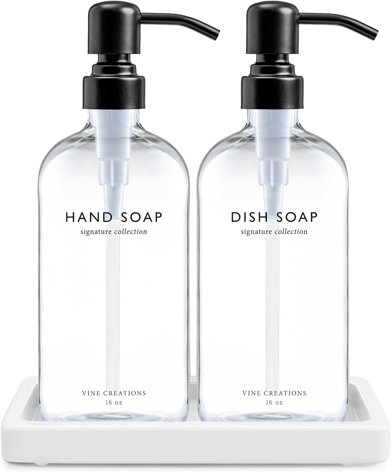Vine Creations Glass Soap Dispenser Set, Kitchen Soap Dispenser Set with Ceramic Tray, 16 oz Dish Soap and Hand Soap Dispensers with Stainless Steel Pump Decor (Clear Bottle/Matte Black)