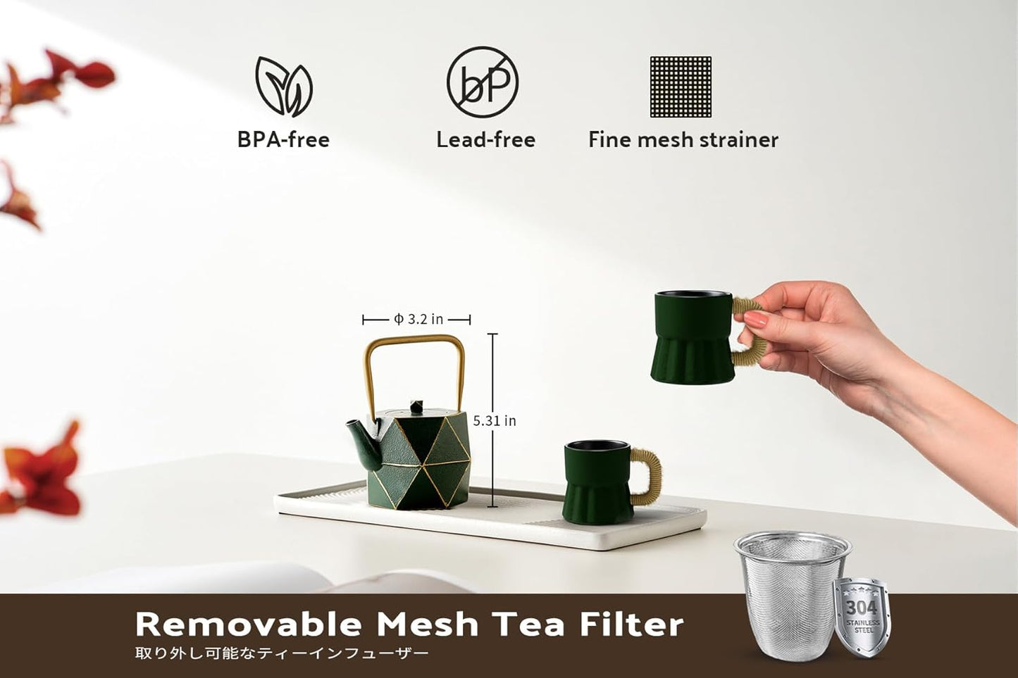 Toptier Mini Tea Kettle, Super Small Palm-sized Teapot, Stovetop Safe Japanese Cast Iron Tea Kettle, Diamond Design Tea Pot with Removable Infuser for Loose Tea, 11 Ounce (325 ml), Dark Green