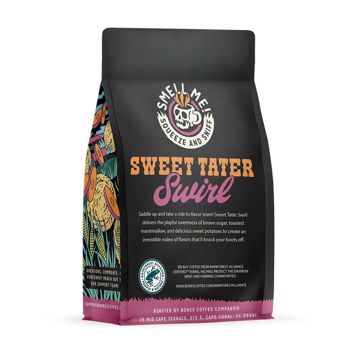 Bones Coffee Company Sweet Tater Swirl, Cinnamon Sweet Potato Flavored Coffee, Medium Roast Low Acid Arabica Beans Compatible with Auto drip and French Press Coffee Maker, 12 Oz Ground