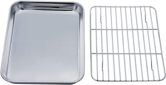 TeamFar Toaster Oven Tray and Rack Set, 9.3’’ x 7’’ x 1’’, Stainless Steel Toaster Oven Pan Broiler Pan, Non Toxic & Healthy, Easy Clean & Dishwasher Safe