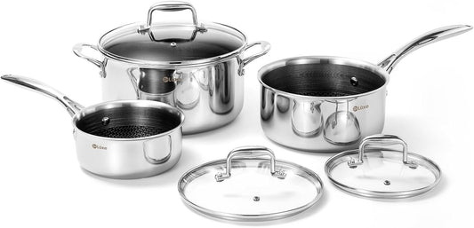 DELUXE Hybrid Ceramic Nonstick 6 PCS Pot Set, 1.3, 3&5.4-Quart Pot with Tempered Glass Lid, Stainless Steel Cookware Pots with Stay-Cool Handle, Dishwasher Safe, Compatible with All Cooktops