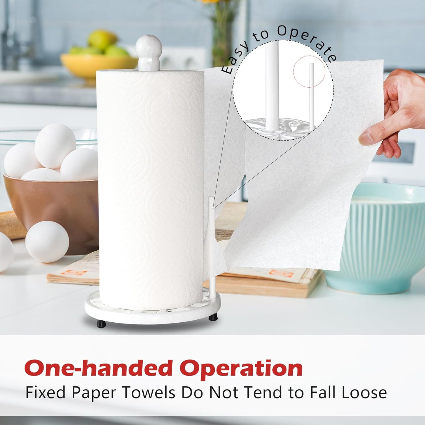 Vintage Paper Towel Holder Countertop - Cast Iron Standing Roll Paper Towel Dispenser with Elegant and Heavy Daffodil Pattern Base for Kitchen Décor, White