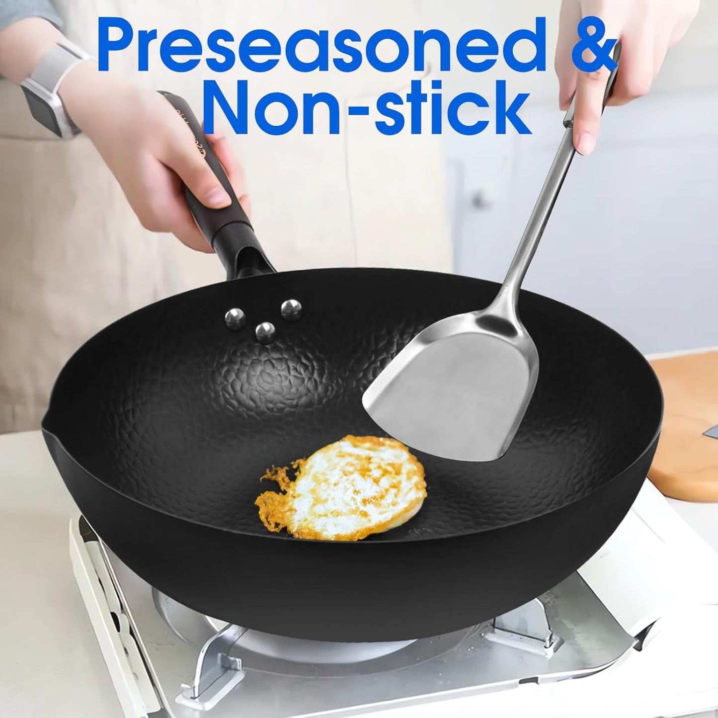 12.5 Inch Carbon Steel Wok For Electric, Induction and Gas Stoves (Lid, Spatula and User Guide Video Included)