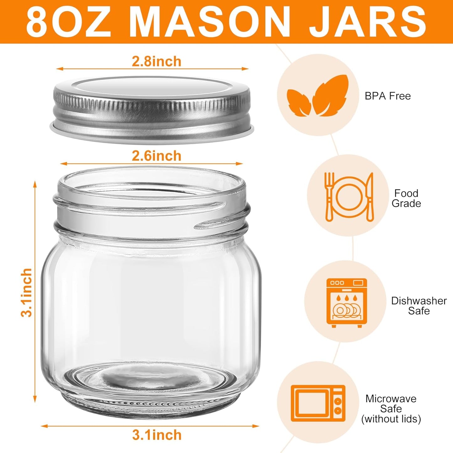 6 Pack Small Mason Jars with Labels, 8 oz Glass Jars with Airtight Lids, Half Pint Canning Jars for Jelly, Jam, Honey, Pickles, Spice, Overnight Oats, Food Storage, Candle & DIY Present