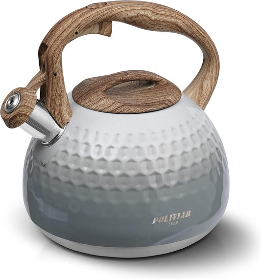 POLIVIAR Tea Kettle, Antique White Stovetop Tea Kettle 2.7 Quart, Audible Whistling Teapot, Food Grade Stainless Steel for Anti-Rust, Anti Hot Handle, Suitable for All Heat Sources (JX2020-YH30)