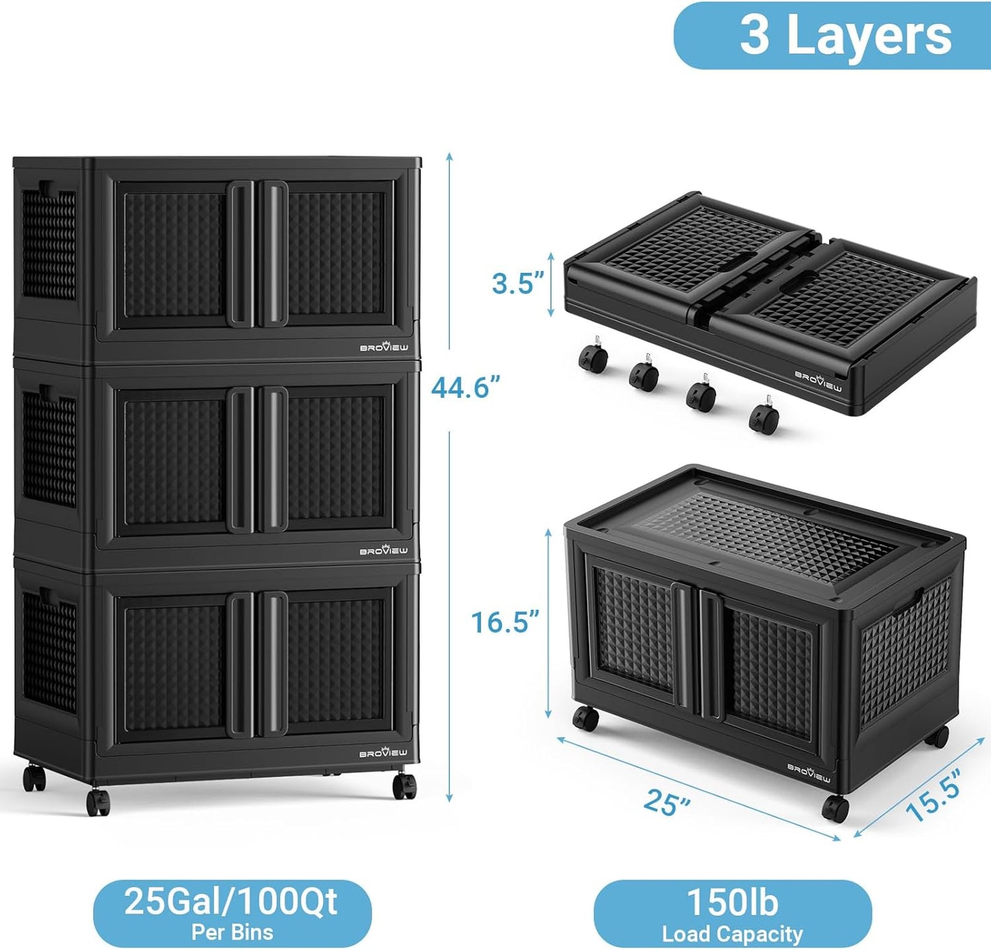 300Qt Stackable Storage Bins with Lids, 75Gal Closet Organizers and Storage Drawer, Plastic Collapsible Storage Bins with Doors, Heavy Duty Store Box Cabinet for Home Office, 3Pack Black