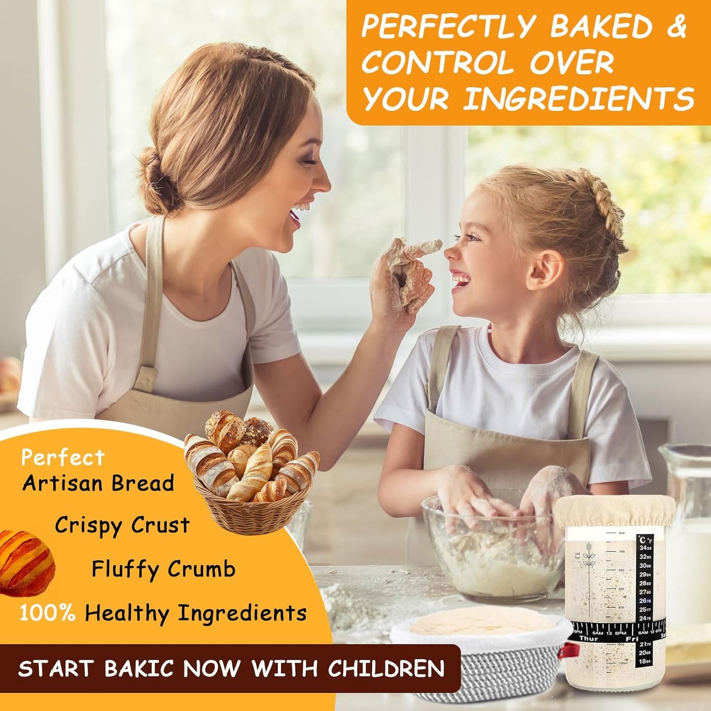 Sourdough Starter Kit, Sourdough Bread Baking Supplies, Cotton Rope Banneton Bread Proofing Basket Set with Sourdough Starter Jar for Bread Making Baking, Sour Dough Kit Tools Gifts for Bakers Women