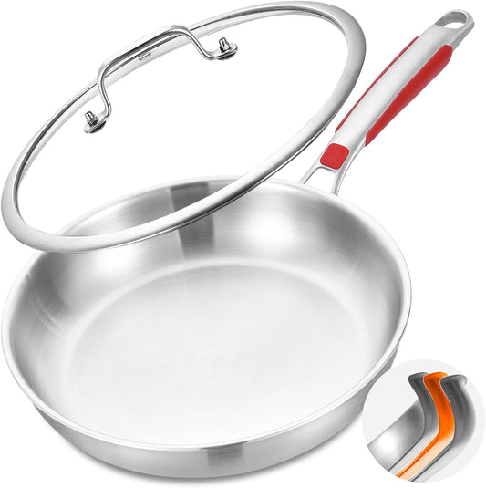 Inqibee 10 Inch Tri-Ply Stainless Steel Frying Pan with Lid,Skillet,Induction Cooking Pan,Heavy Duty and Dishwasher Safe,Detachable Handle