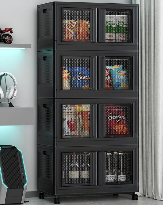 400Qt Stackable Storage Bins with Lids, 100Gal Closet Organizers and Storage Drawer, Plastic Collapsible Storage Bins with Doors, Heavy Duty Store Box Cabinet for Home Office, 4Pack Black