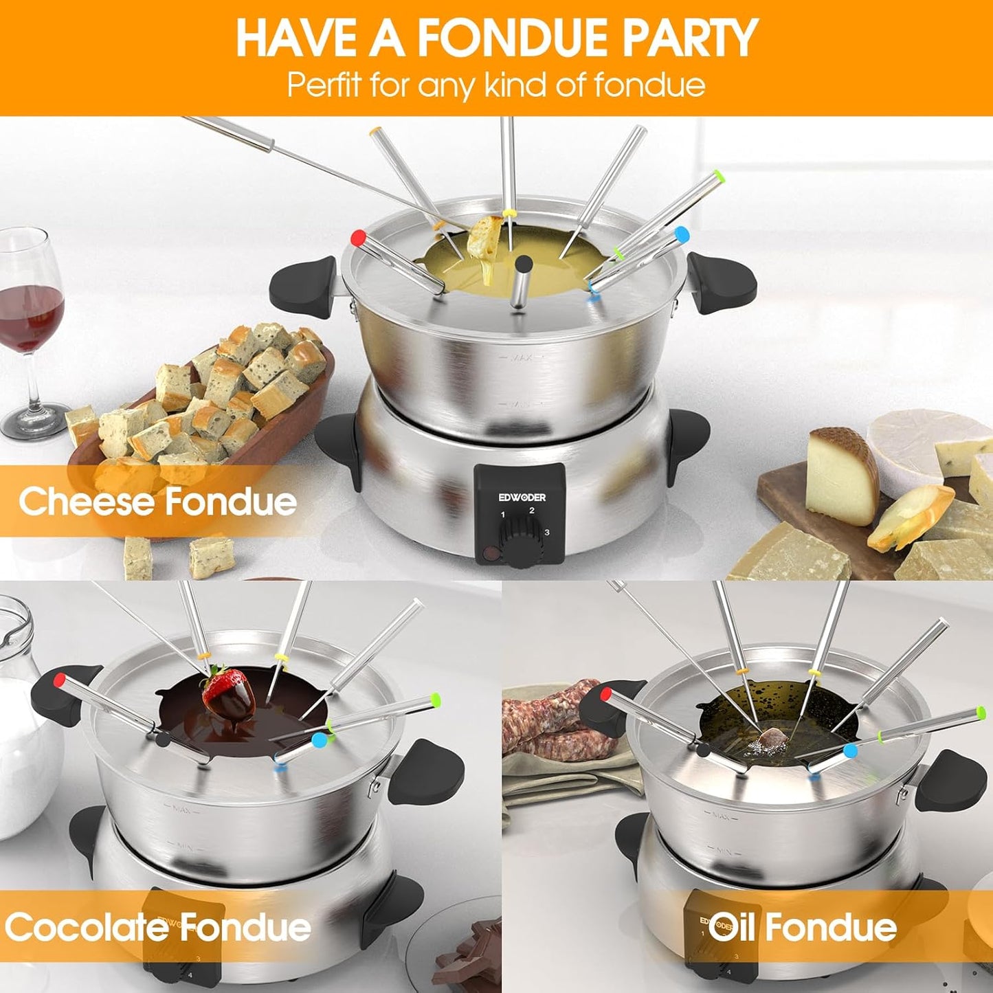 Electric Fondue Pot Set,2-Quart 1000-Watt Stainless Steel Fondue Maker with Temperature Control,8 Forks,Perfect for Chocolate, Cheese, Caramel